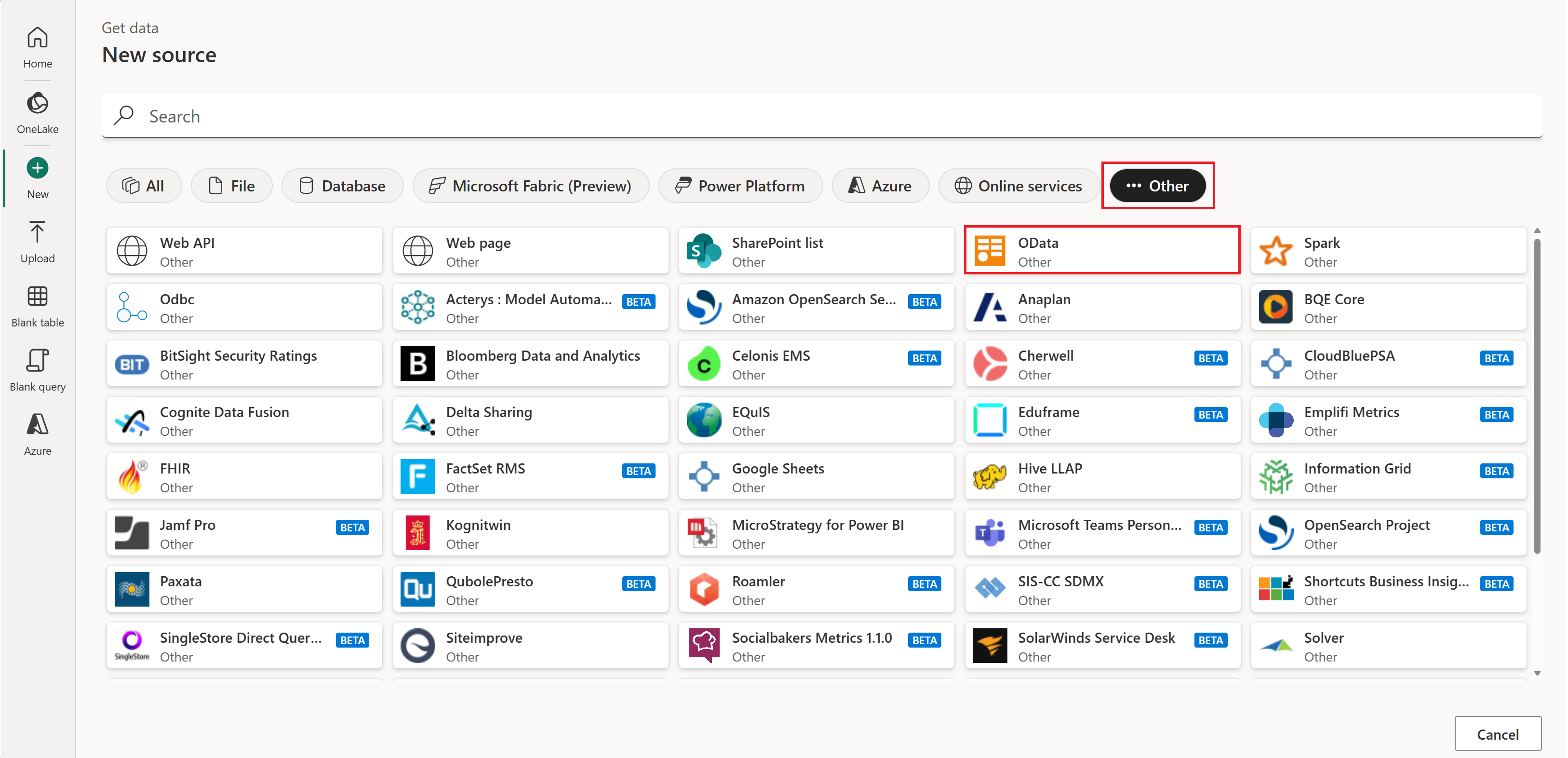 Screenshot of Get data source with the Other category and the OData connector emphasized.