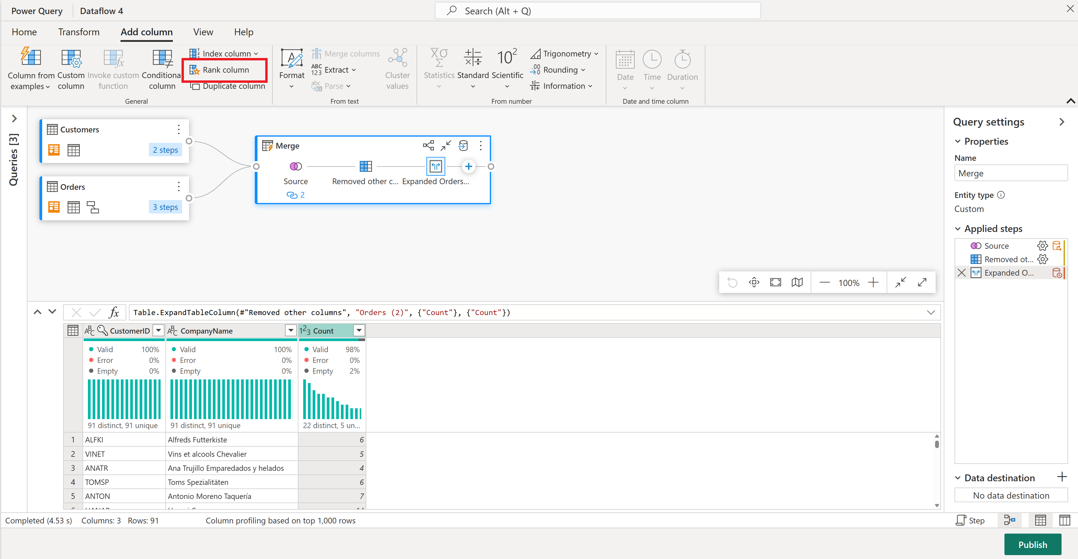 Screenshot of the dataflows editor with the Count column selected.