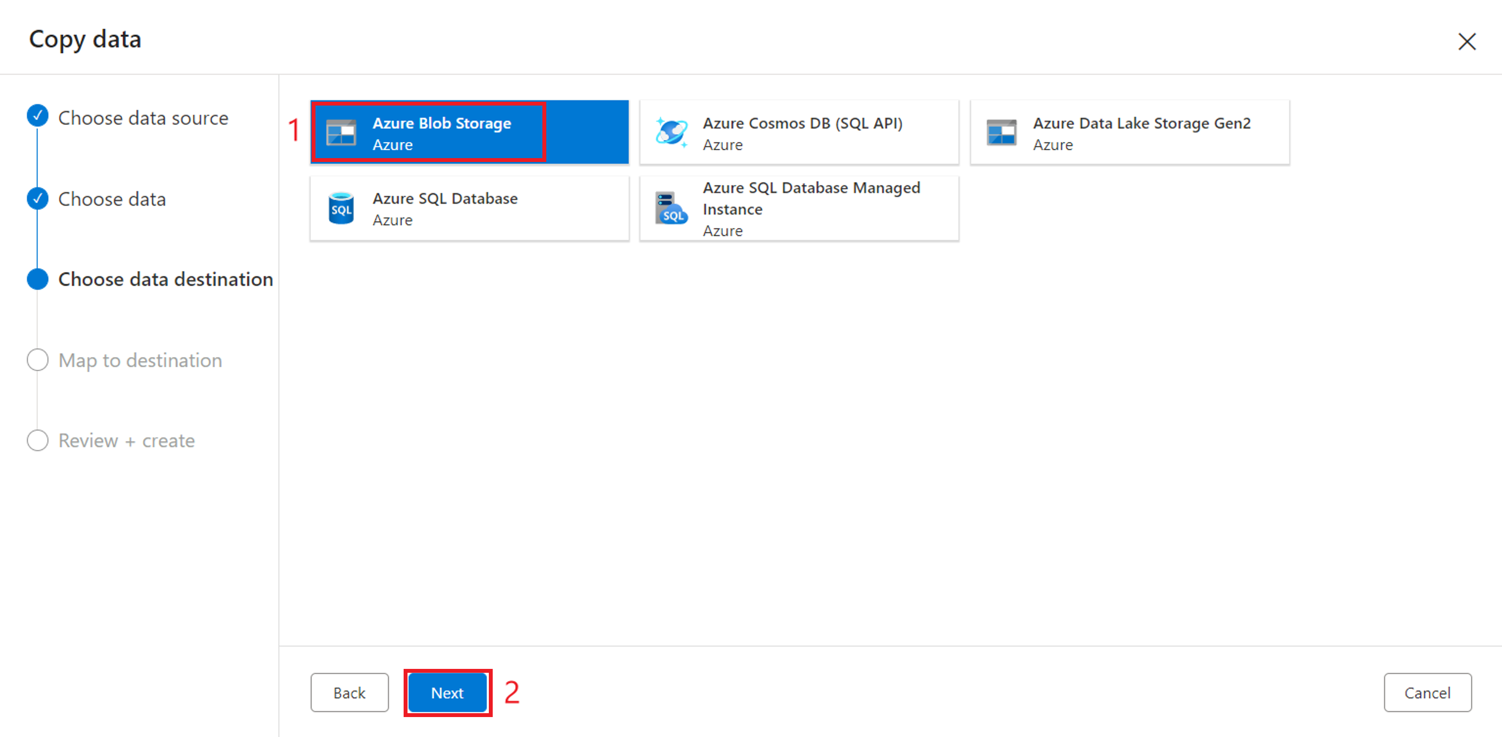 Skærmbillede, der viser, hvor du kan vælge Azure Blob Storage som datakilde.