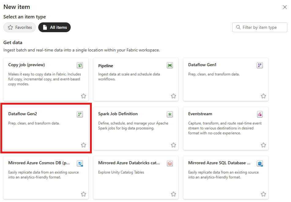 Skærmbillede af vinduet Nyt element, hvor elementet Dataflow Gen2 er fremhævet.