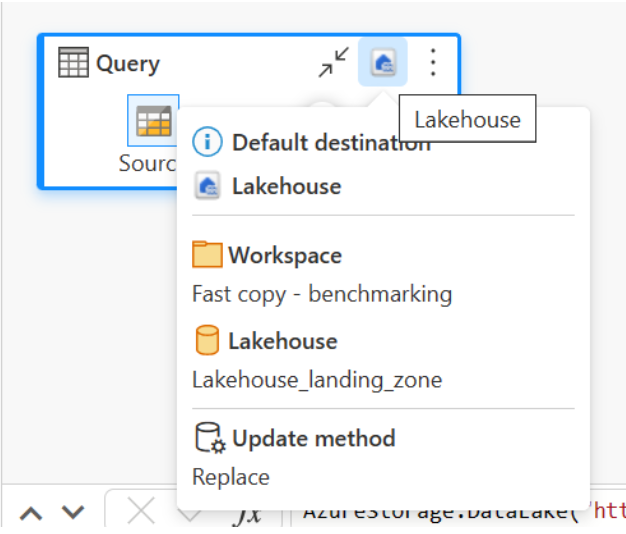 Skærmbillede af ikonet for datadestination i Power Query-diagramvisningen med rullemenuen, der viser standarddestinationen.