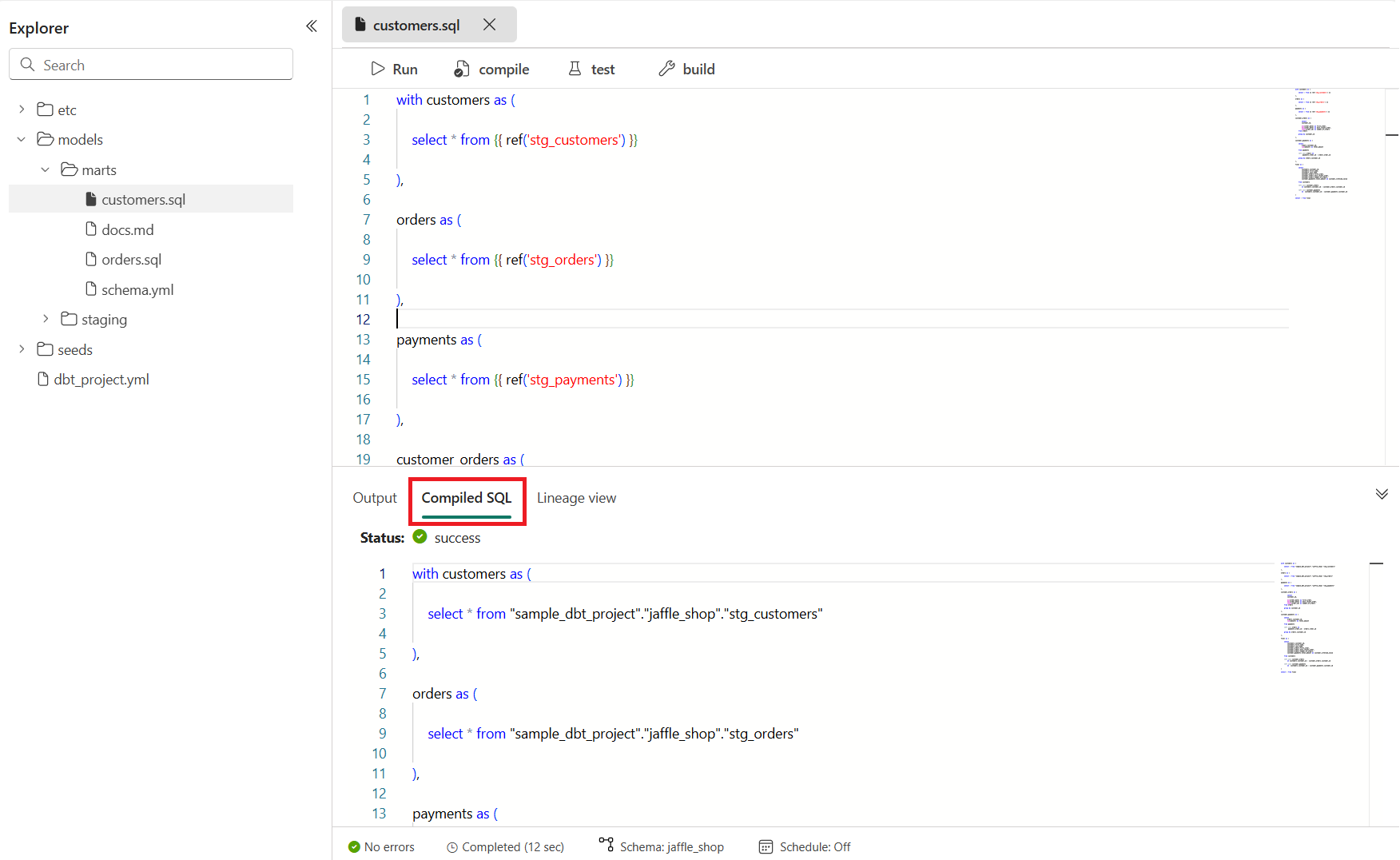 Skærmbillede, der viser den kompilerede SQL i bundpanelet.