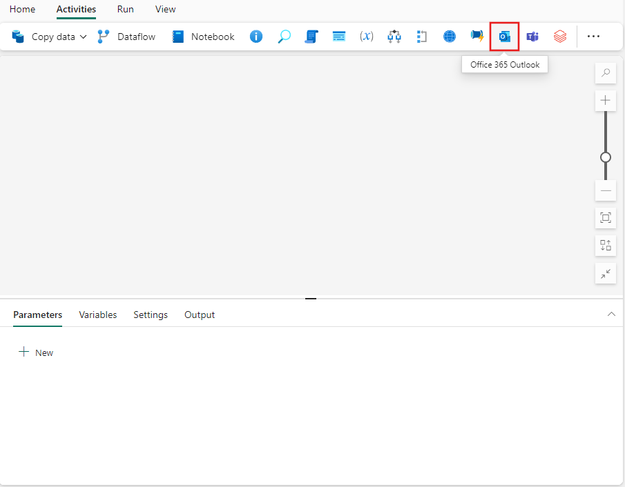 Skærmbillede af brugergrænsefladen i Fabric med ruden Aktiviteter og Office 365 Outlook-aktivitet fremhævet.