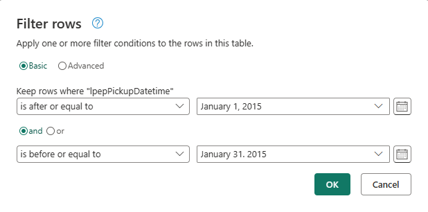 Skærmbillede, der viser valget af datoerne i januar 2015.