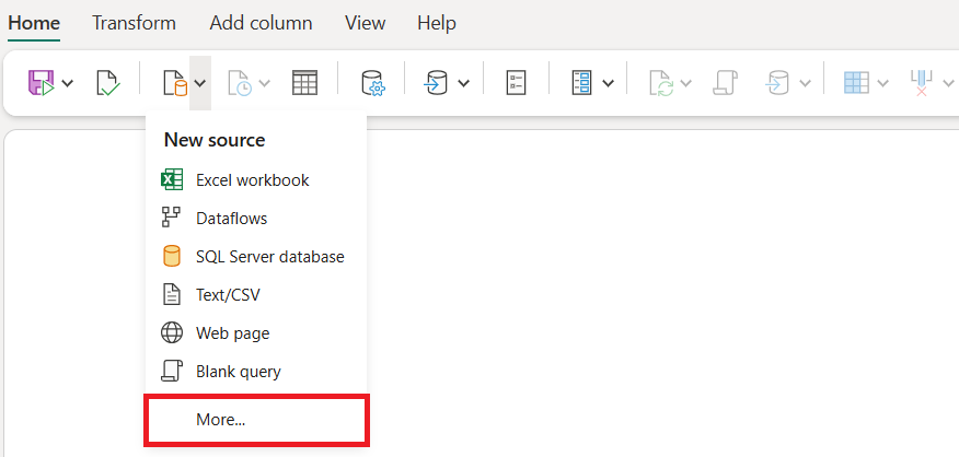 Skærmbillede, der viser menuen Dataflow med knappen Hent data fremhævet og Mere... fremhævet i menuen.