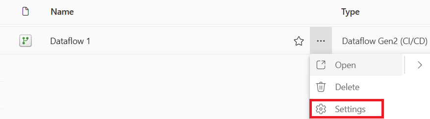 Skærmbillede, der viser indstillingen Egenskaber valgt i menuen for et dataflow, hvor det kan omdøbes.
