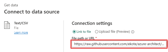 Skærmbillede, der viser tekst-/CSV-indstillingerne for forbindelsen.