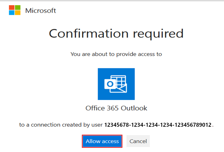 Screenshot showing the Confirmation required dialog to allow access to Office 365 Outlook.