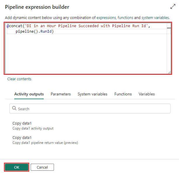 Screenshot showing the pipeline expression builder with the expression provided for the Subject line of the email.