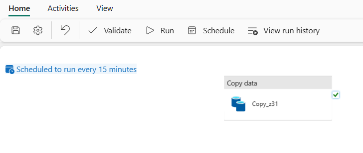 Screenshot showing a pipeline with a configured schedule to run every 15 minutes.