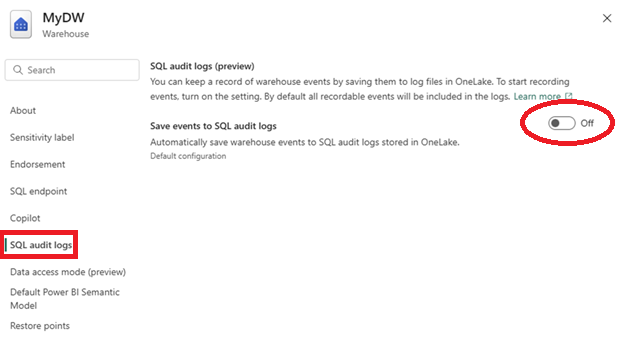 Skærmbillede fra Fabric-portalen for den indstilling, der skal aktiveres.