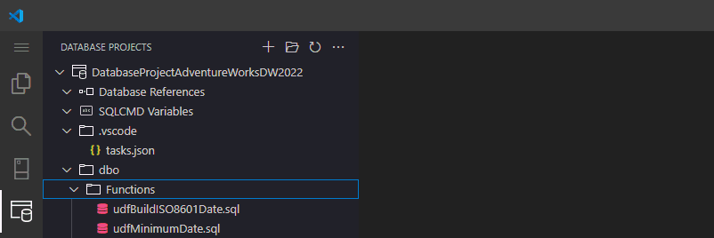 Skærmbillede fra Visual Studio Code, der viser det nye databaseprojekt til AdventureWorksDW2022.