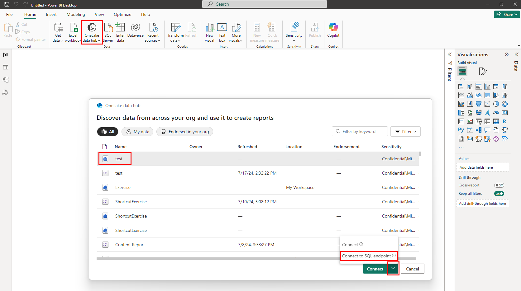 Skærmbillede af datahubben i Power BI Desktop.