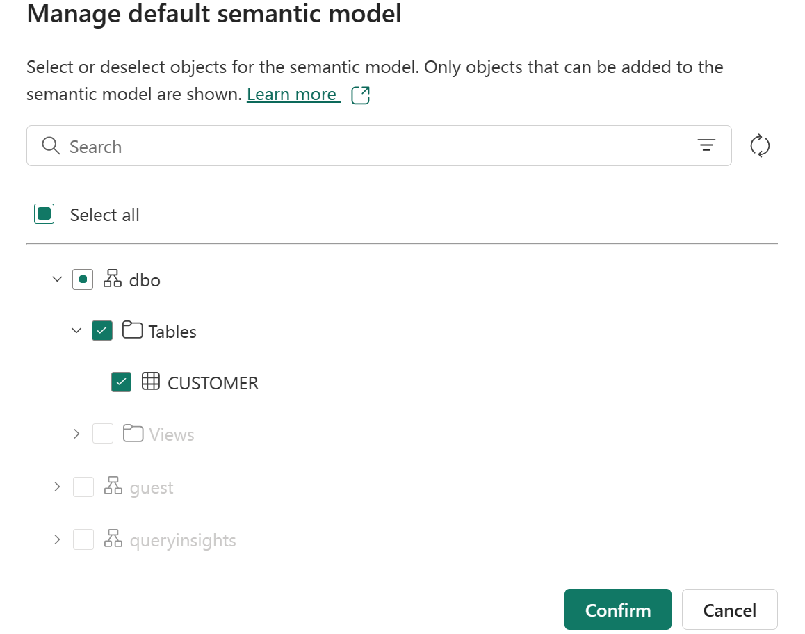 Skærmbillede fra Fabric-portalen, der viser standardsiden Administrer den semantiske model og muligheden for manuelt at vælge flere tabeller.