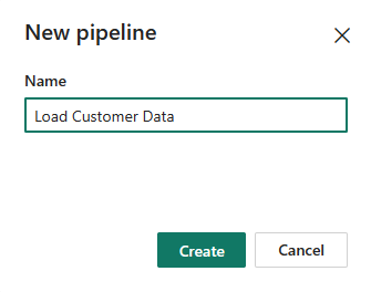 Skærmbillede af dialogboksen Ny pipeline, der viser, hvor du skal angive navnet, og vælg Opret.