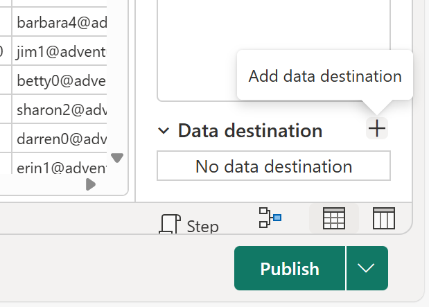 Skærmbillede af knappen Datadestination plus for at tilføje en datadestination i Fabric Dataflow Gen2.