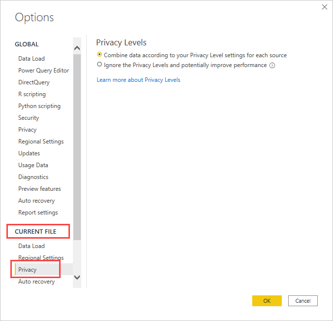 Skærmbillede af indstillingsdialogen, der viser indstillinger for privatlivsniveau. Aktuel fil og privatliv er fremhævet.