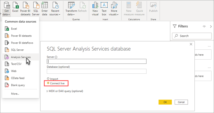 Skærmbillede af Power BI Desktop Analysis Services er valgt. Connect live fremhæves i analysetjenesternes databasedialog.
