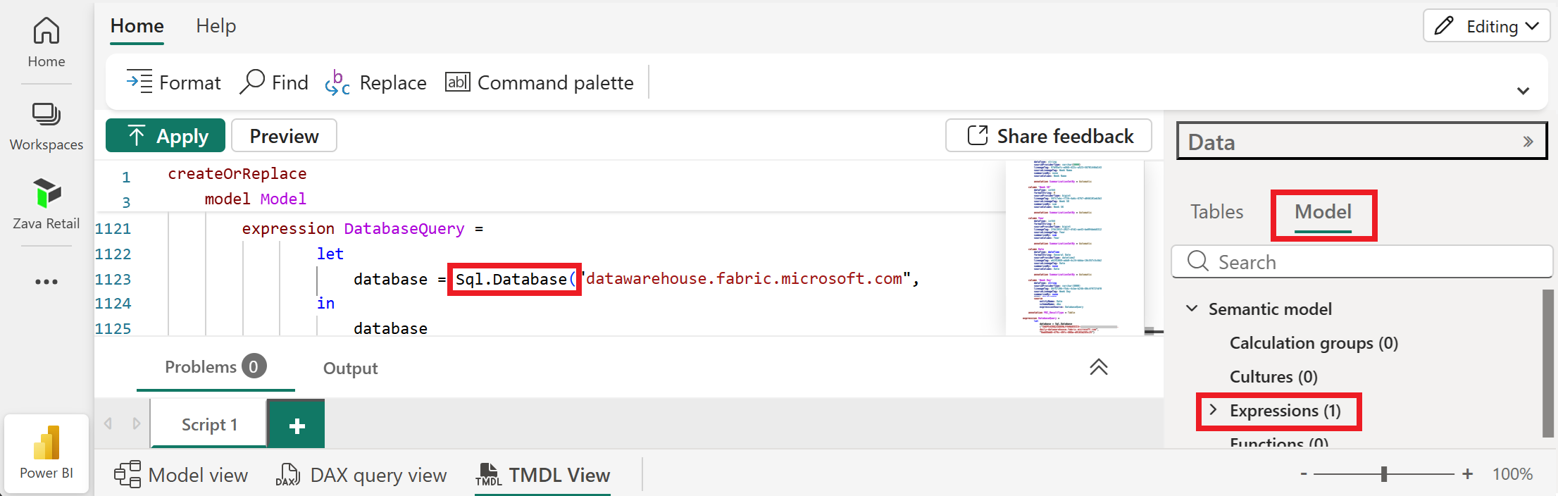 Skærmbillede, der viser SQL Server-connectoren i TMDL-visning for en Direct Lake på SQL-model.