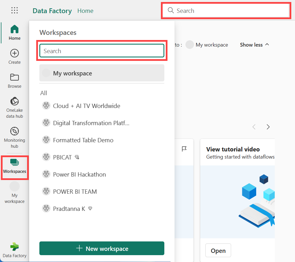 Screenshot showing list of workspaces with red outlines around the Search fields and Workspaces icon.