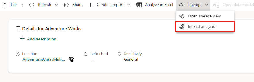 Screenshot of impact analysis button option in item details.