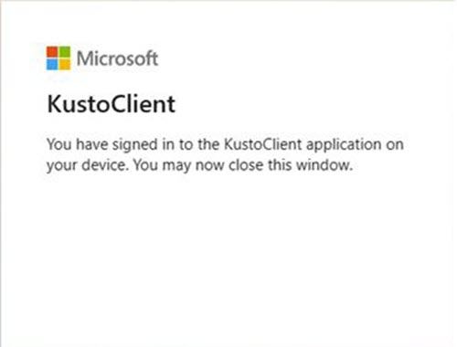 Skærmbillede af bekræftelsessiden for KustoClient-logon.