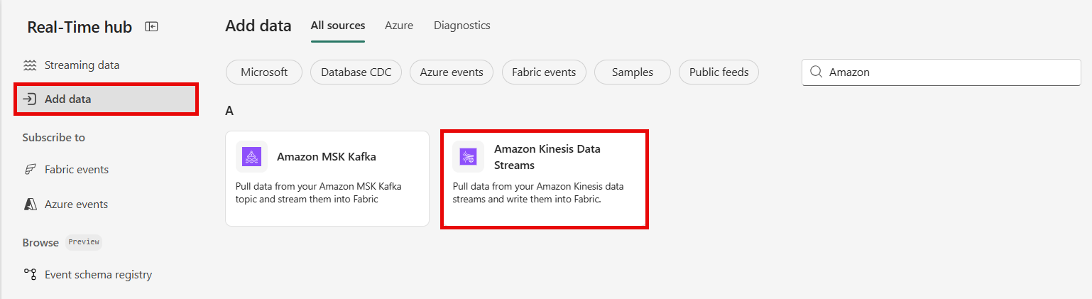 Et skærmbillede af valg af Kinesis-datastreams.