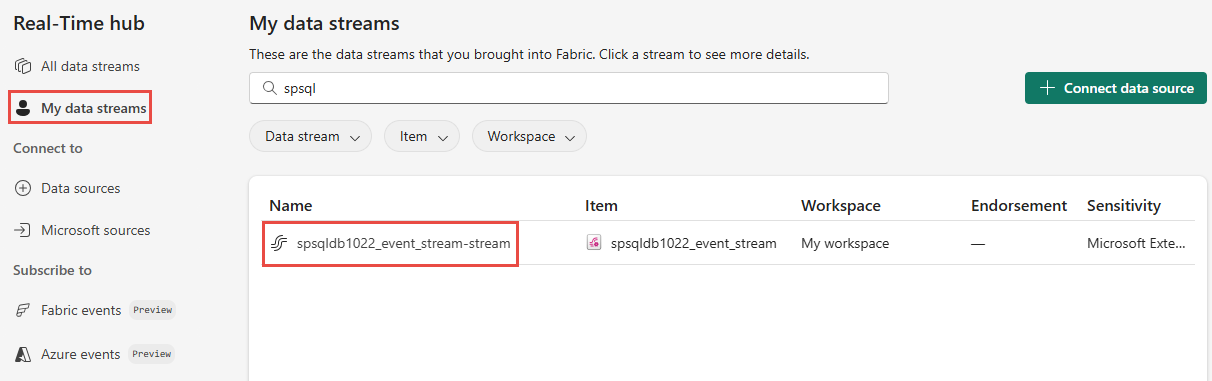 Skærmbillede, der viser siden Alle datastrømme i realtid med den stream, du lige har oprettet.