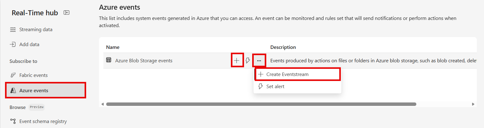 Skærmbillede, der viser siden Azure-hændelser i realtidshubben.