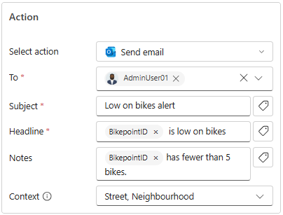 Skærmbillede af Tilføj regel-panelet med handlingen Send e-mail valgt.