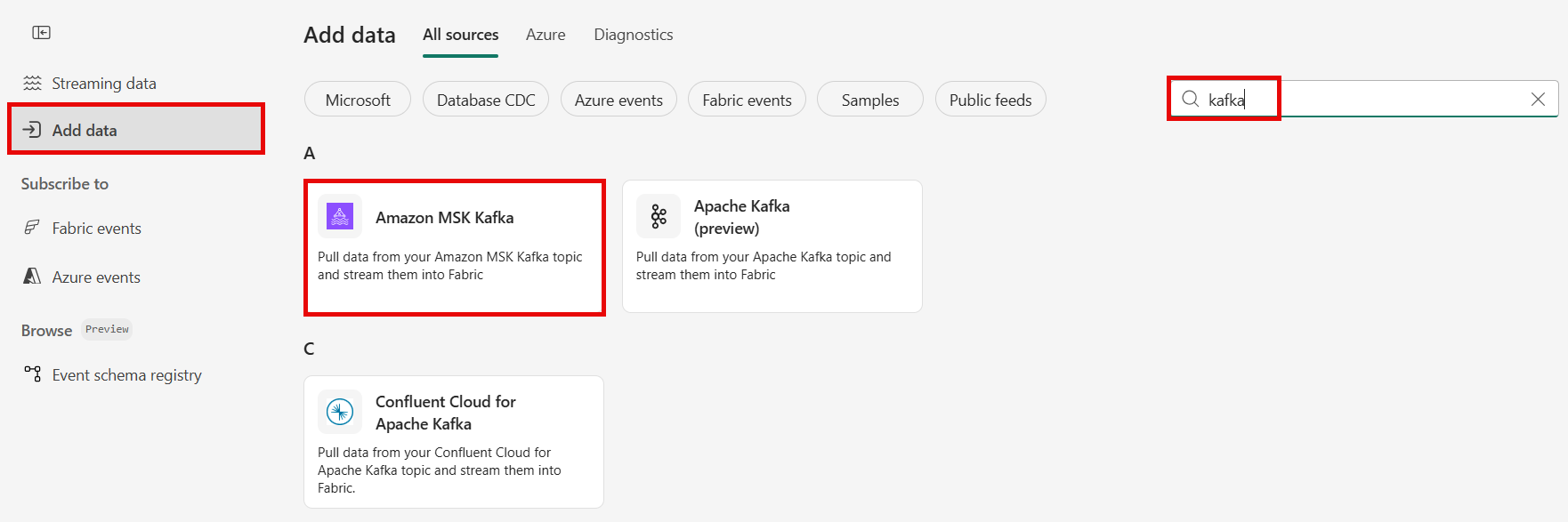 Skærmbillede, der viser valget af Amazon MSK Kafka som kildetype i guiden Hent hændelser.
