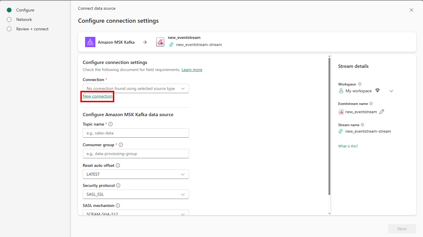 Skærmbillede, der viser valget af linket Ny forbindelse på siden Opret forbindelse i guiden Hent hændelser.