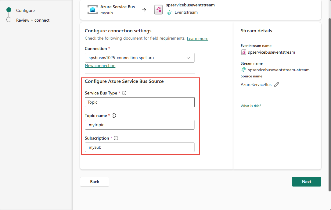 Skærmbillede, der viser afsnittet Konfigurer Azure Service Bus Source i guiden Opret forbindelse til datakilde.