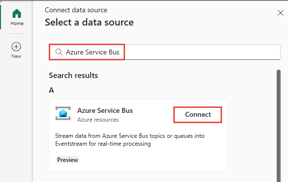 Skærmbillede, der viser valget af Azure Service Bus som kildetype i guiden Hent hændelser.