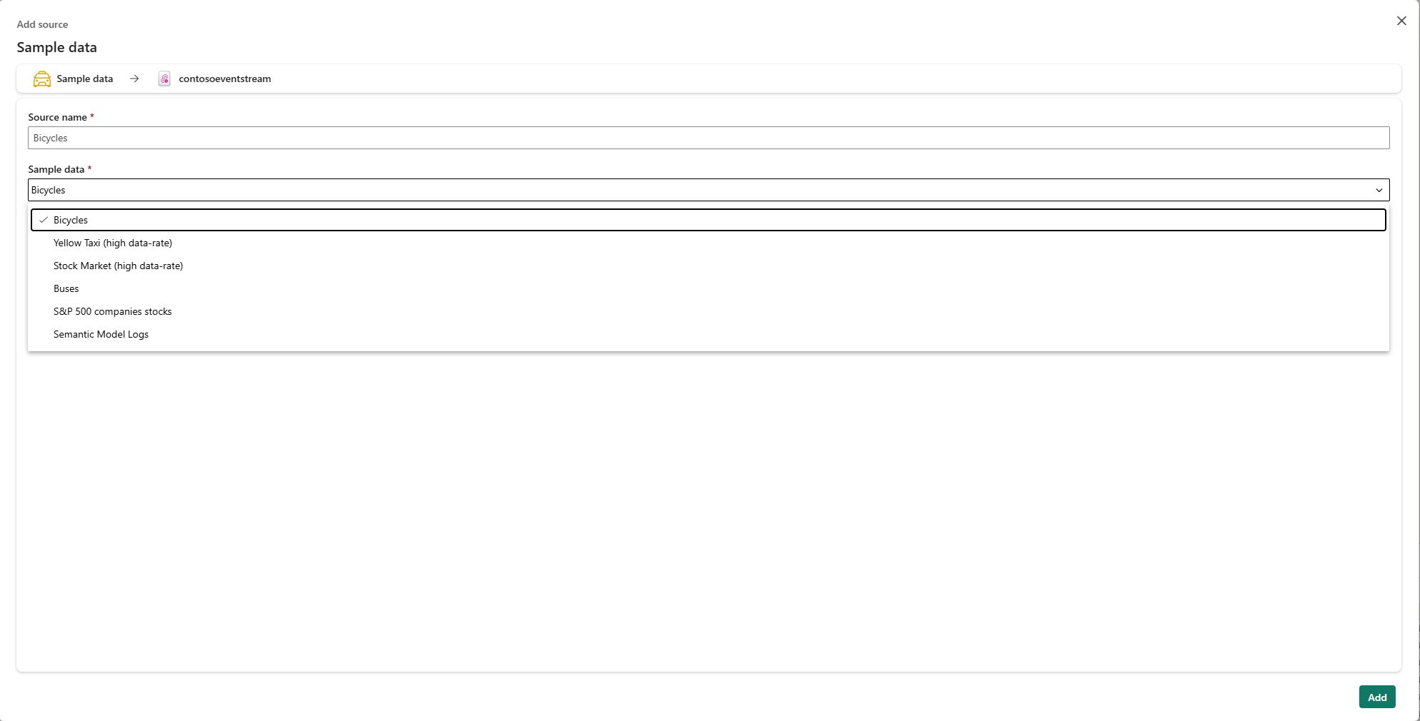 Skærmbillede, der viser valgmulighederne i panelet for eksempeldata.