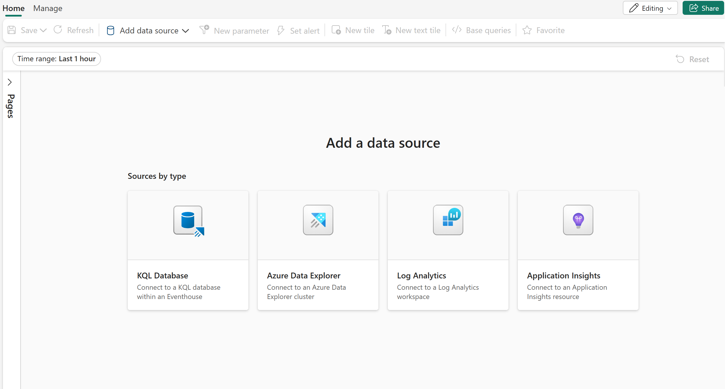 Skærmbillede af nyoprettet Real-Time Dashboard i Real-Time Intelligence i Microsoft Fabric.