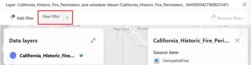 Et screenshot af Fabric Maps-filterpanelet, der viser en Ny filterknap med et filterikon placeret ved siden af knappen Tilføj filter øverst i panelet.