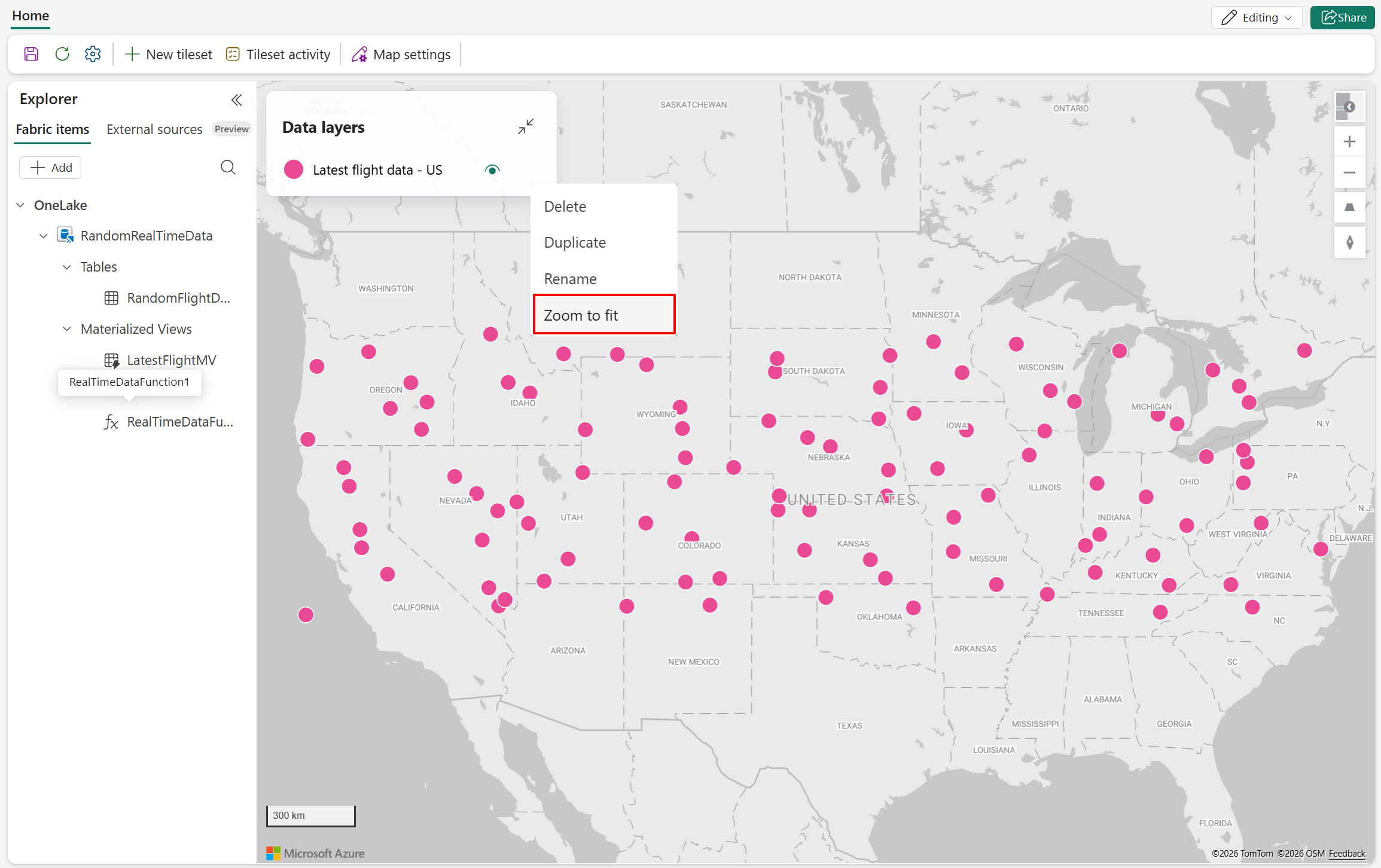 Skærmbillede af Fabric Maps-grænsefladen, der viser en datalags-kontekstmenu med muligheden Zoom to fit markeret.