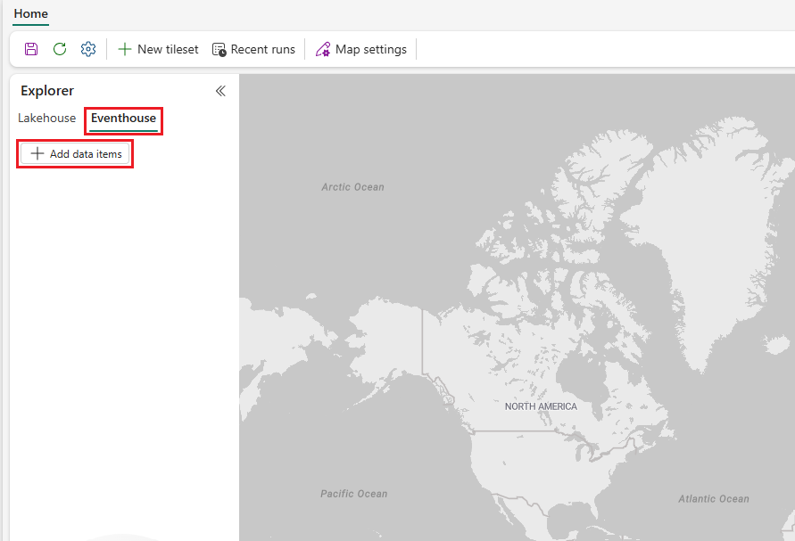 Et screenshot, der viser Microsoft Fabric Maps-grænsefladen med Explorer-panelet til venstre med fanerne Lakehouse og Eventhouse. Eventhouse-fanen er valgt og markeret med en rød boks. Under den er knappen Tilføj dataelementer også fremhævet med en rød boks. Hovedområdet viser standardverdenskortet i kortområdet.