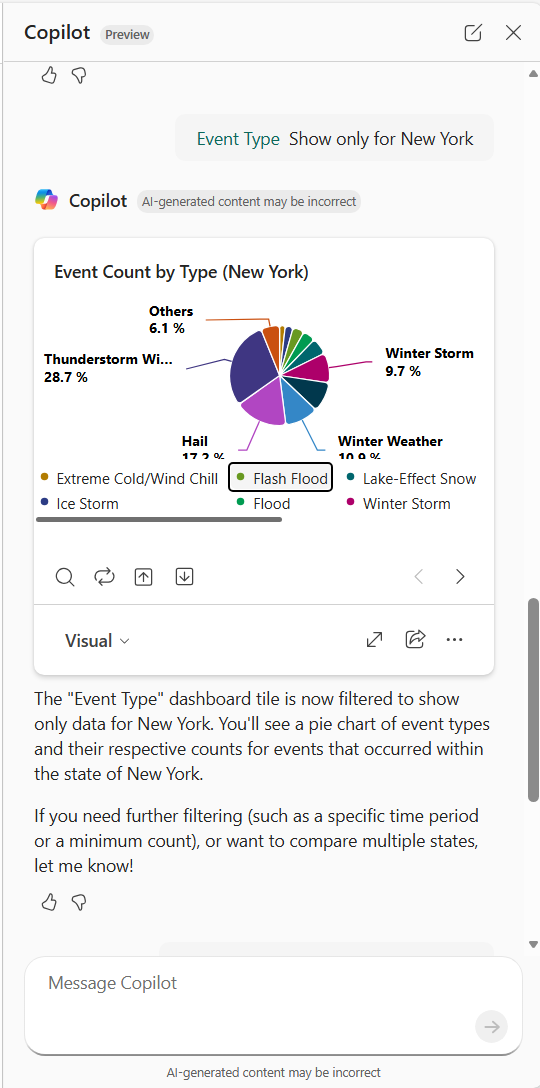 Skærmbillede af Copilot sidepanel, der viser resultaterne af forespørgsler og genererede visuals.