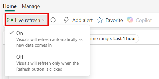 Skærmbillede af Live refresh-knappen i dashboard-båndet.
