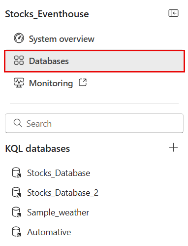Skærmbillede af ruden Eventhouse med Gennemse alle databaser fremhævet med et rødt felt.
