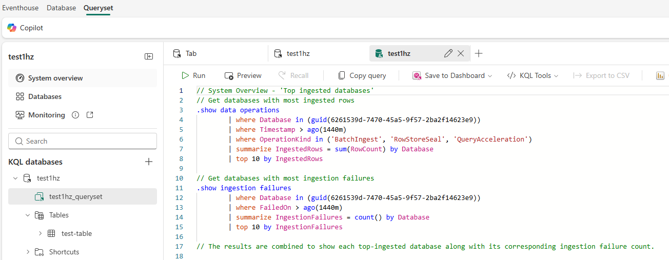 Skærmbillede af KQL-forespørgslen i Top 10 indsamlede databaser.