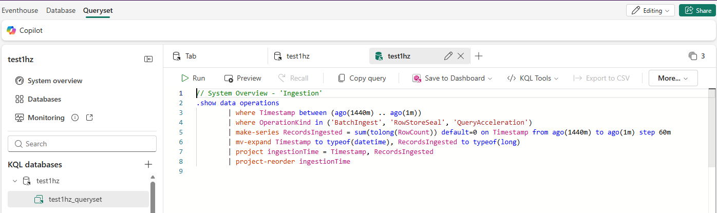 Skærmbillede af KQL-forespørgslen om Indtagelsesdetaljer.