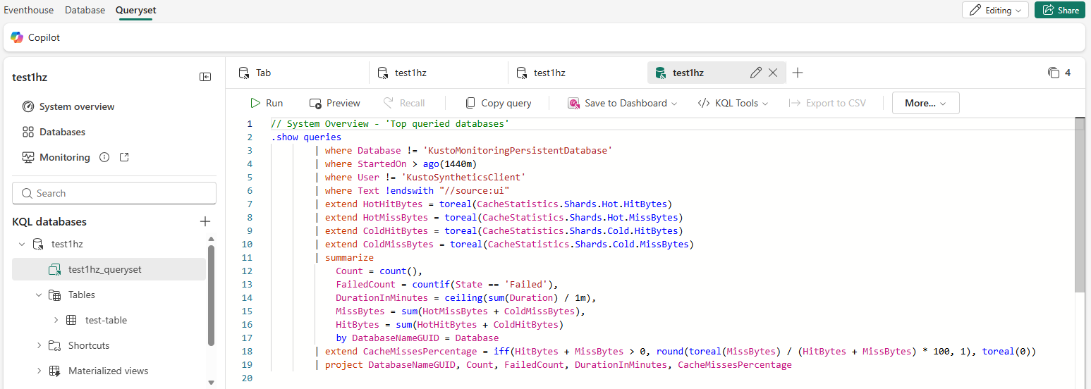 Skærmbillede af KQL-forespørgslen i Top 10 forespurgt databaser.
