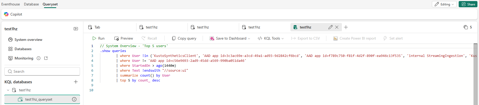 Skærmbillede af aktiviteten i minutter - Top 5 brugere KQL-forespørgsel.