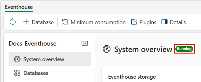 Skærmbillede, der viser ikonet for systemtilstand ud for databasenavnet.