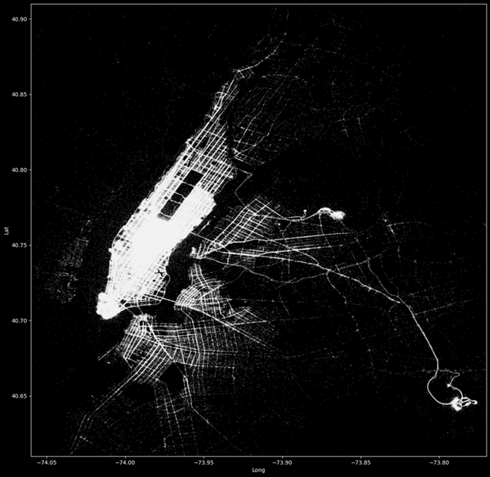 Skærmbillede af notesbog, der viser et varmekort over NYC-taxahentning.