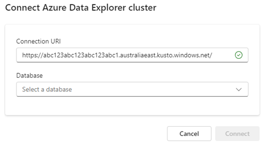 Skærmbillede af forbindelsesvinduet, der viser en Azure Data Explorer-klynge-URI. Knappen Forbind klynge fremhæves.