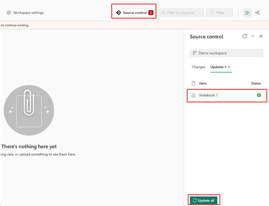 Skærmbillede, der viser, hvordan du opdaterer alle notesbøger i en forgrening.